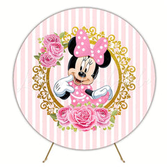 Pink Stripe Minnie Mouse Floral Round Girls Birthday Party Backdrop