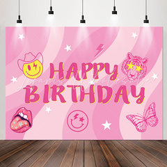 Lofaris Pink Stripe Stars Smile Face Tiger Birthday Backdrop