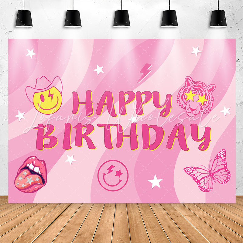 Lofaris Pink Stripe Stars Smile Face Tiger Birthday Backdrop