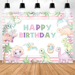 Lofaris Pink Stripes Cute Dinosaurs Birthday Party Backdrop