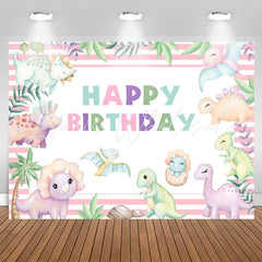 Lofaris Pink Stripes Cute Dinosaurs Birthday Party Backdrop