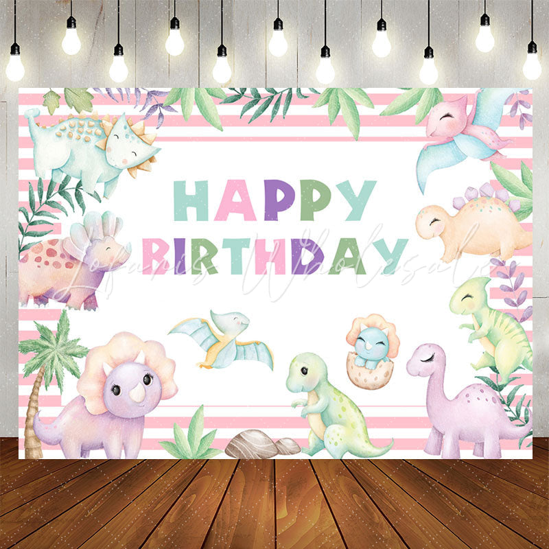 Lofaris Pink Stripes Cute Dinosaurs Birthday Party Backdrop