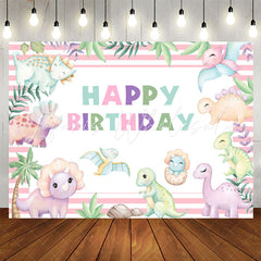 Lofaris Pink Stripes Cute Dinosaurs Birthday Party Backdrop