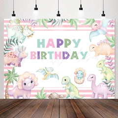 Lofaris Pink Stripes Cute Dinosaurs Birthday Party Backdrop