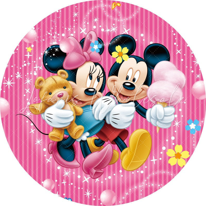 Lofaris Pink Stripes Round Glitter Mouse Birthday Backdrop