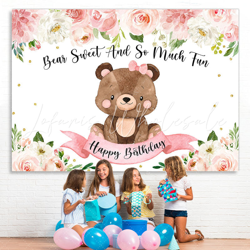 Lofaris Pink Teddy Bears and Blooming Flowers Birthday Backdrop