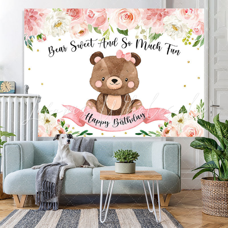 Lofaris Pink Teddy Bears and Blooming Flowers Birthday Backdrop
