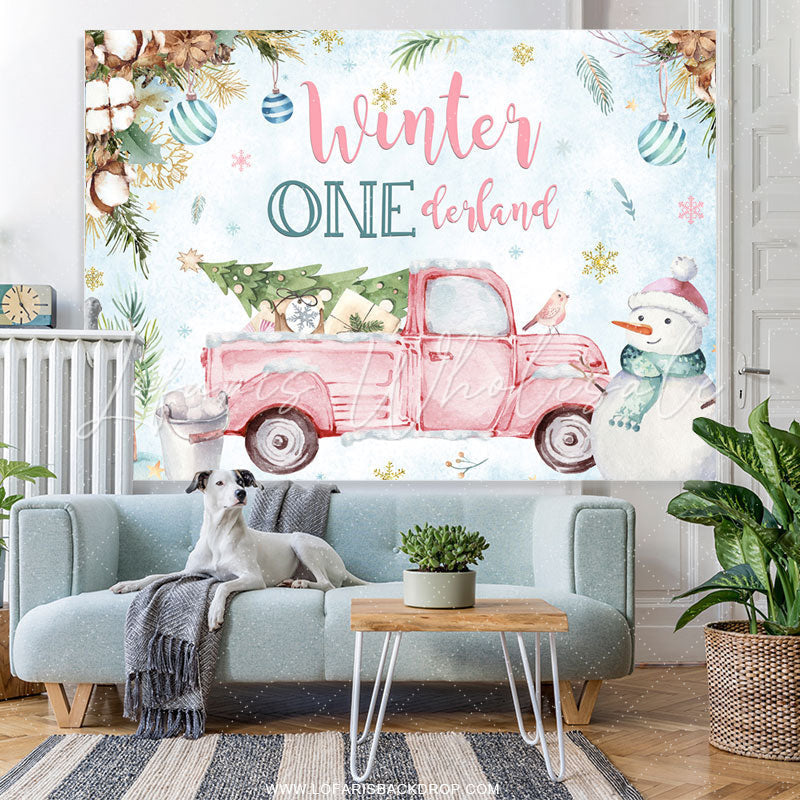 Lofaris Pink Truck Winter Onederland Blue Backdrop For Birthday