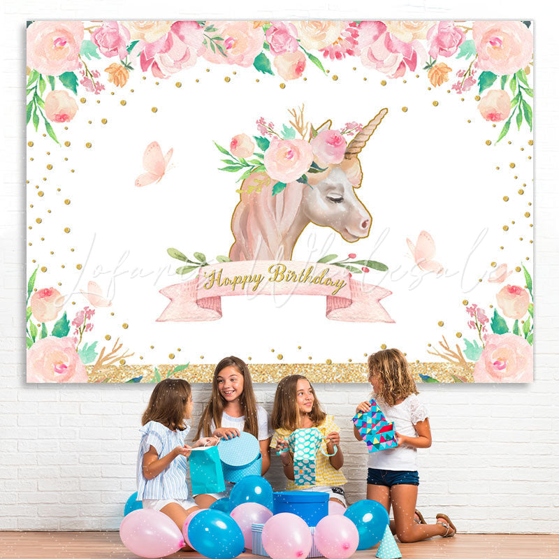 Lofaris Pink Unicorn Floral Gold Glitter Happy Birthday Backdrop