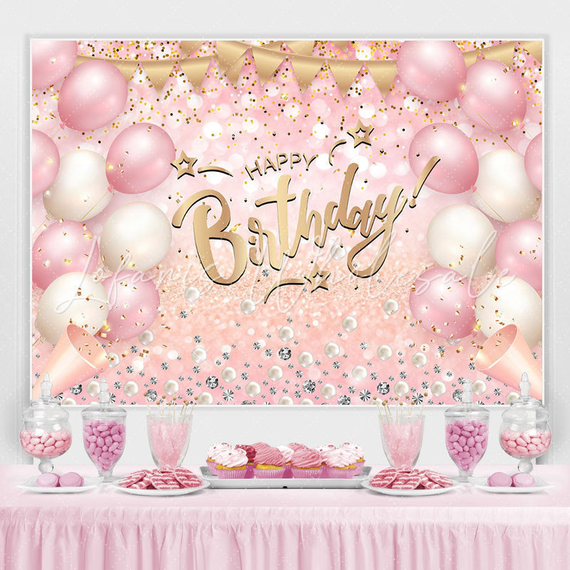 Lofaris Pink White Balloon Glitter Happy Birthday Backdrop
