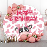 Lofaris Pink White Cartoon Cow Happy Birthday Round Backdrop