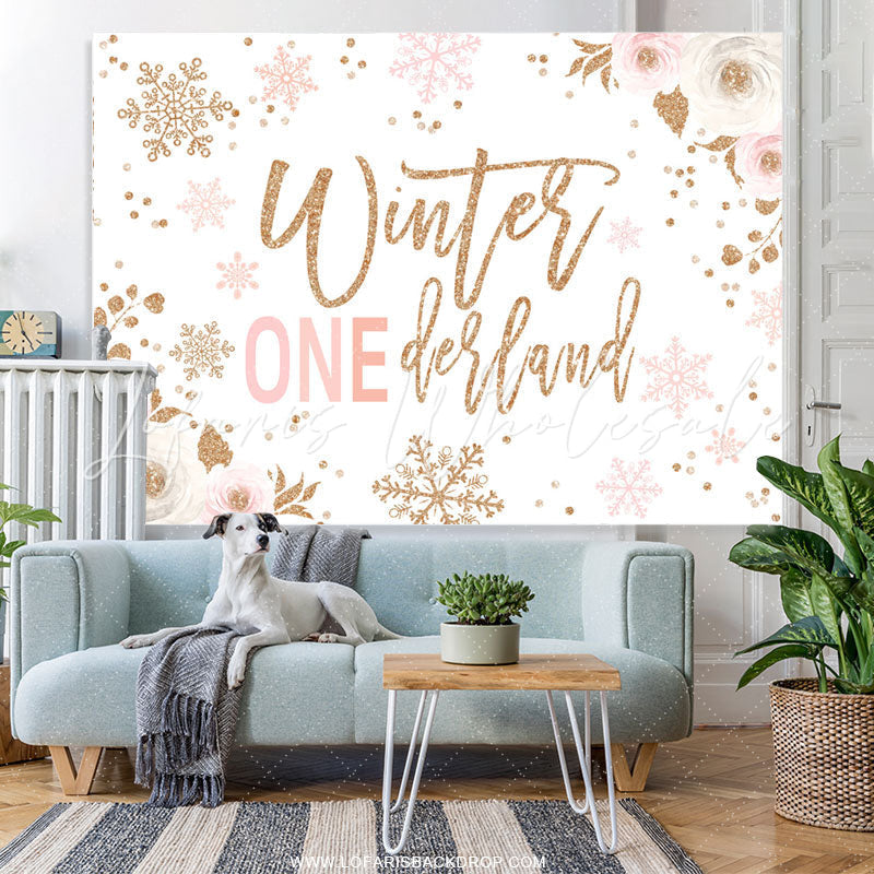 Lofaris Pink White Floral Glitter Winter Onederland Birthday Backdrop