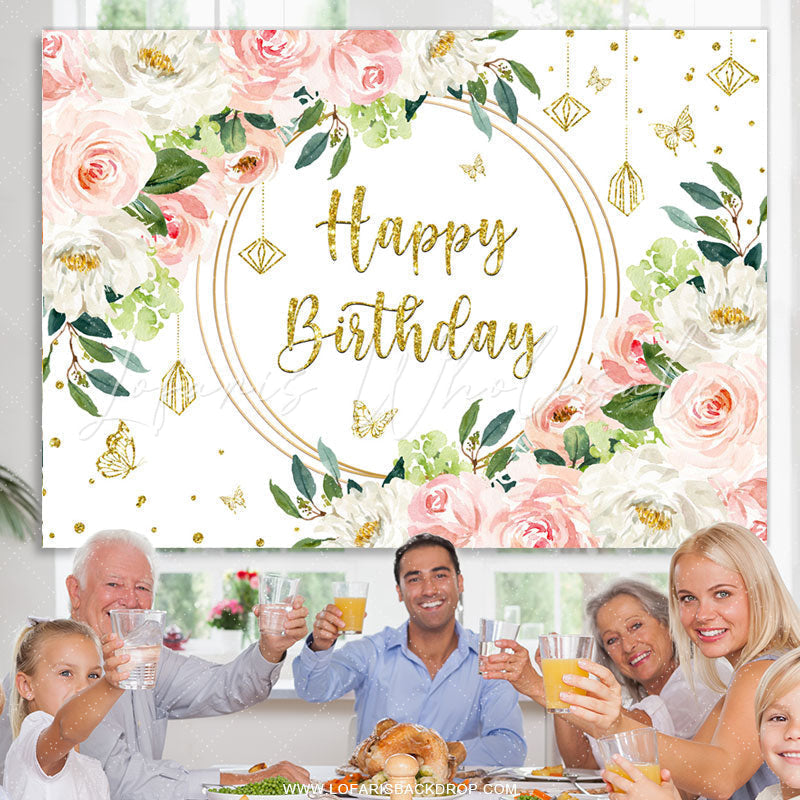 Lofaris Pink White Floral Gold Glitter Happy Birthday Backdrop