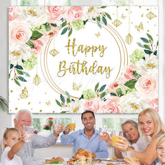 Lofaris Pink White Floral Gold Glitter Happy Birthday Backdrop