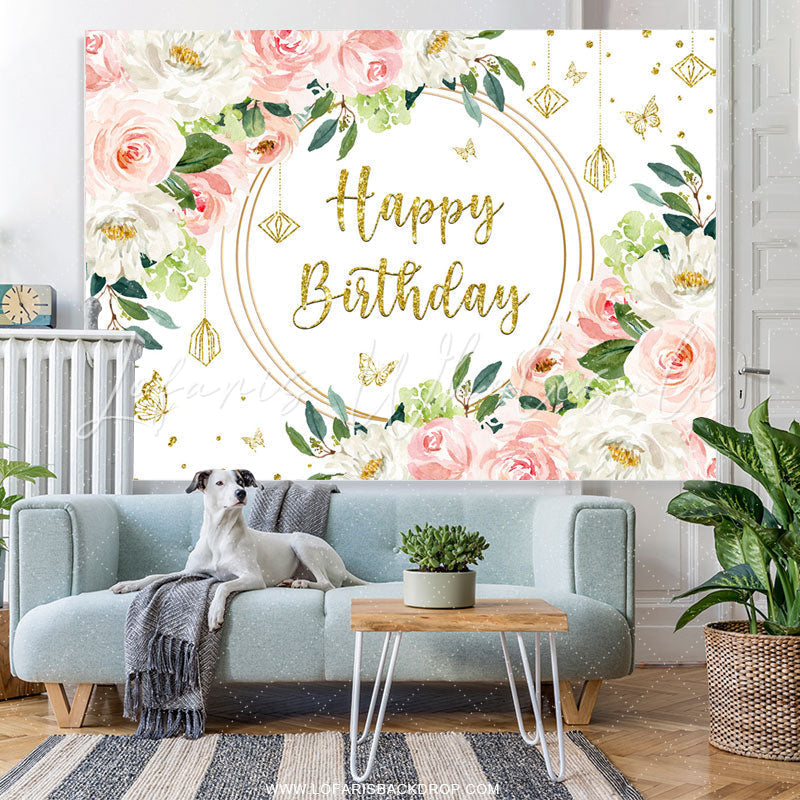 Lofaris Pink White Floral Gold Glitter Happy Birthday Backdrop