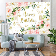 Lofaris Pink White Floral Gold Glitter Happy Birthday Backdrop