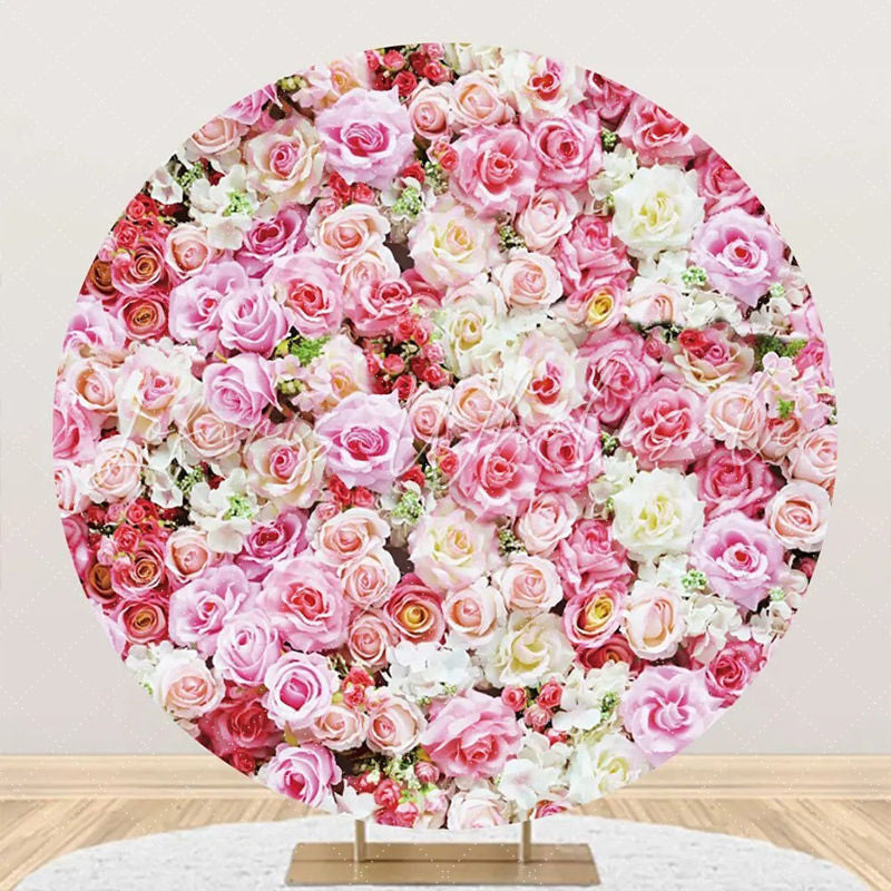 Lofaris Pink White Floral Leaves Wall Round Wedding Backdrop
