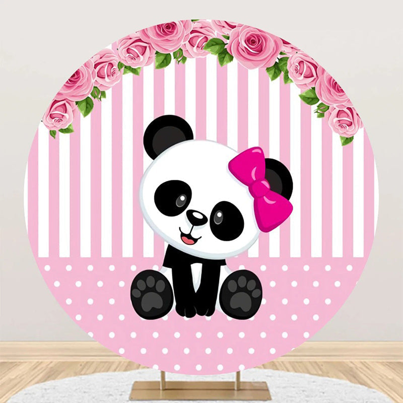 Lofaris Pink White Floral Panda Girl Round Birthday Backdrop