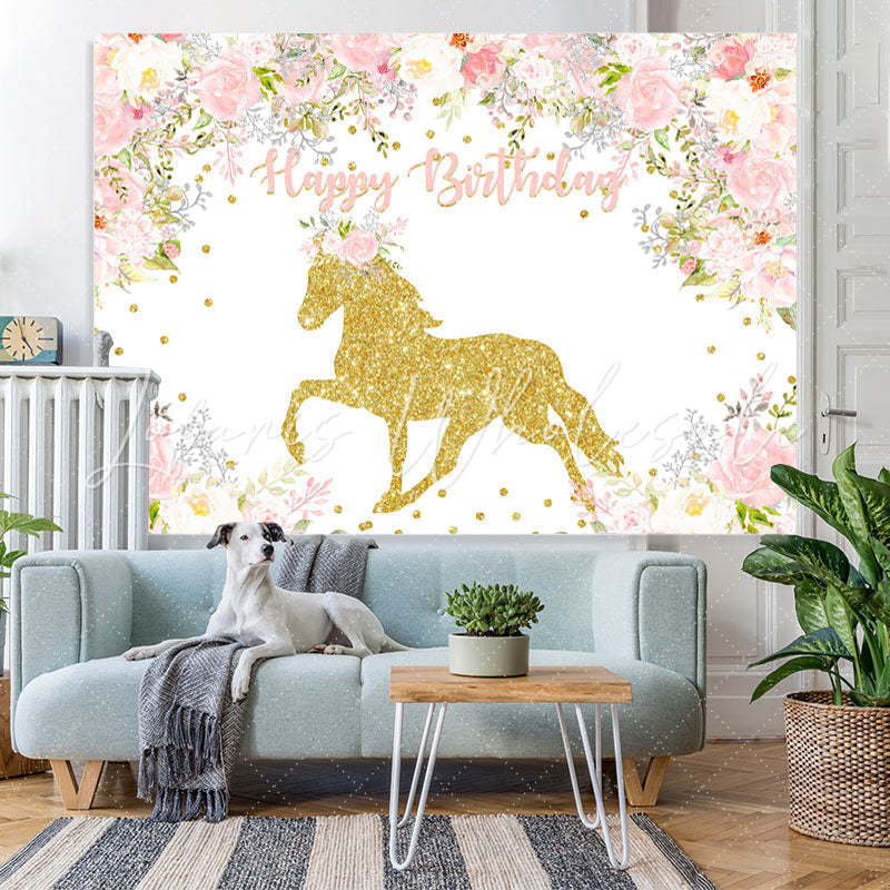 Lofaris Pink White Flower Golden Horse Animal Birthday Backdrop
