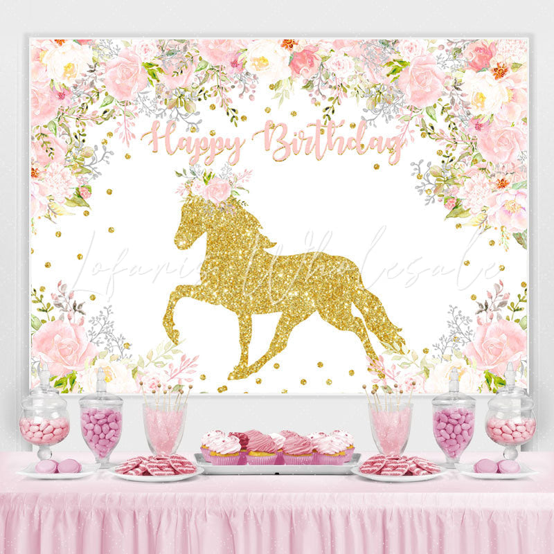 Lofaris Pink White Flower Golden Horse Animal Birthday Backdrop