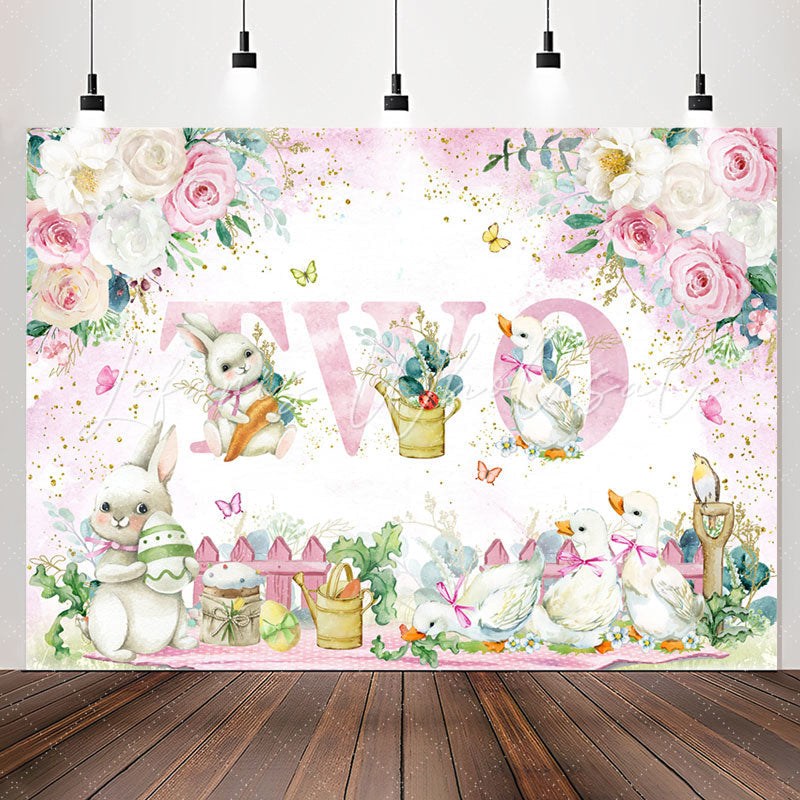 Lofaris Pink White Flower Rabbit Duck 2nd Birthday Backdrop