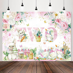 Lofaris Pink White Flower Rabbit Duck 2nd Birthday Backdrop