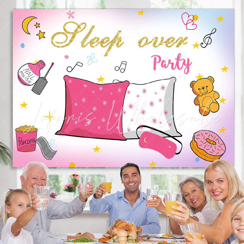 Lofaris Pink White Glitter Sleep Over Party Birthday Backdrop