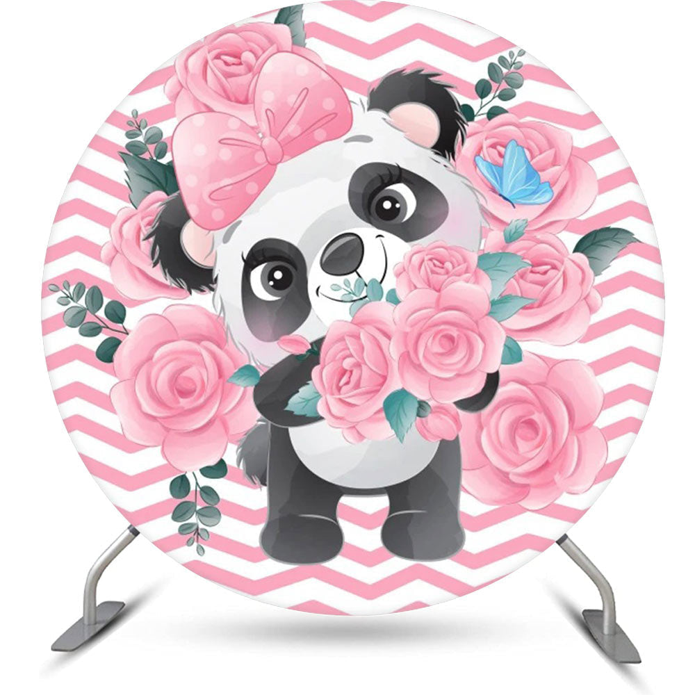 Lofaris Pink White Ripple Rose Panda Round Birthday Backdrop