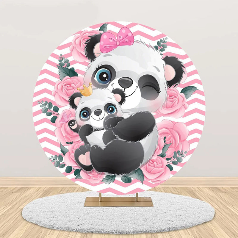 Lofaris Pink White Rose Panda Round Baby Shower Backdrop