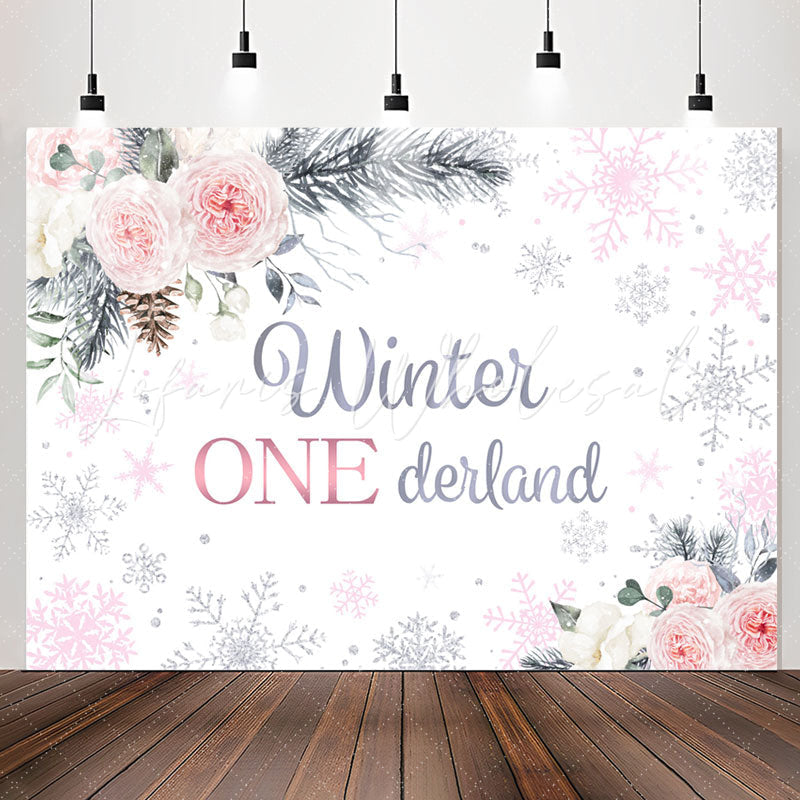 Lofaris Pink White Rose Winter Snowflake 1st Birthday Backdrop