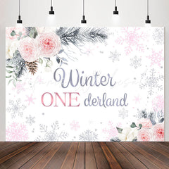 Lofaris Pink White Rose Winter Snowflake 1st Birthday Backdrop