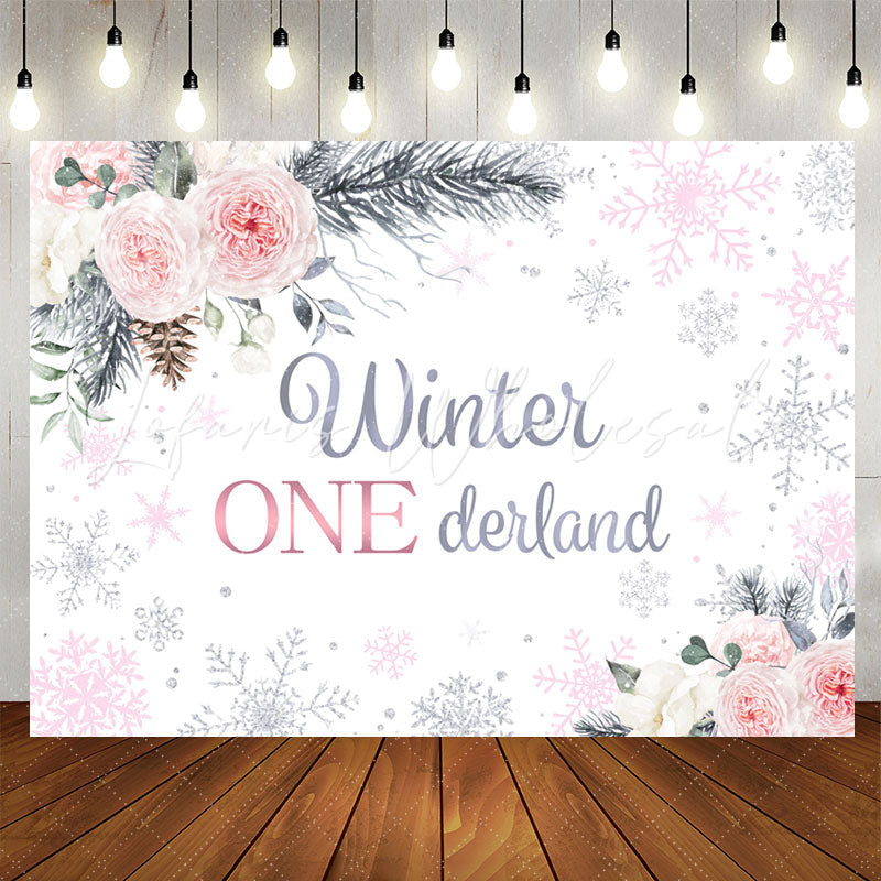 Lofaris Pink White Rose Winter Snowflake 1st Birthday Backdrop