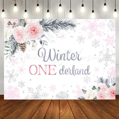 Lofaris Pink White Rose Winter Snowflake 1st Birthday Backdrop