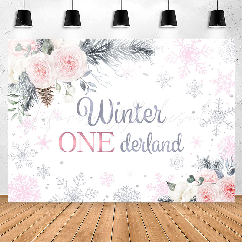 Lofaris Pink White Rose Winter Snowflake 1st Birthday Backdrop