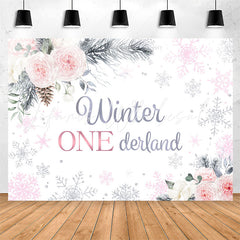 Lofaris Pink White Rose Winter Snowflake 1st Birthday Backdrop