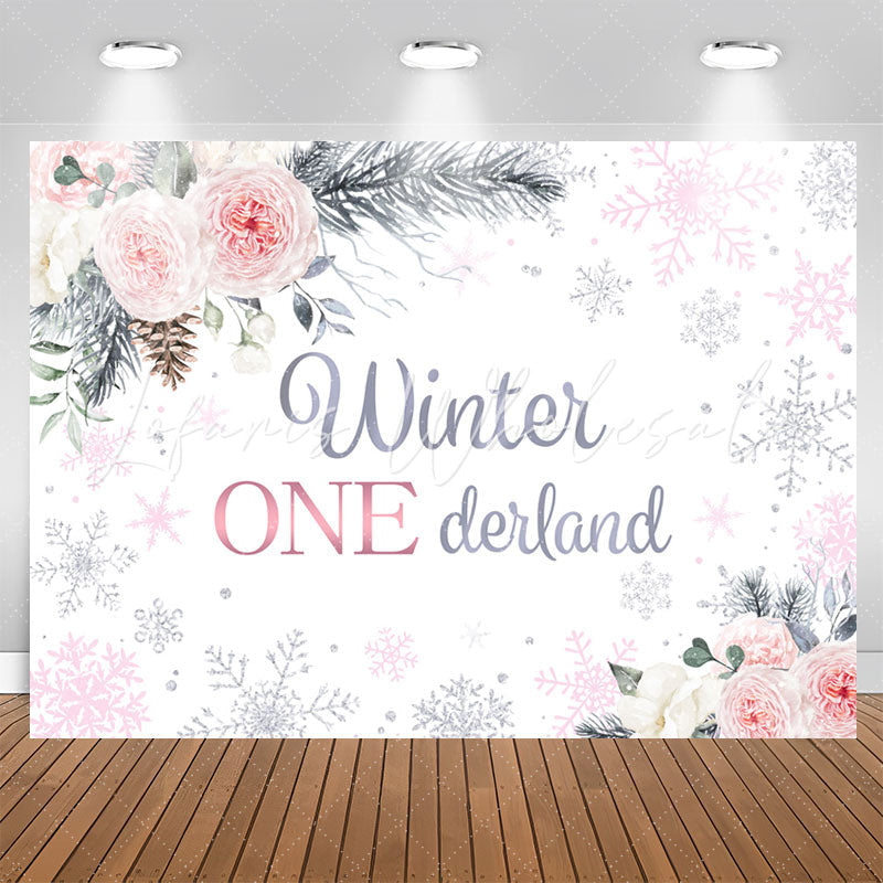 Lofaris Pink White Rose Winter Snowflake 1st Birthday Backdrop