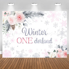 Lofaris Pink White Rose Winter Snowflake 1st Birthday Backdrop