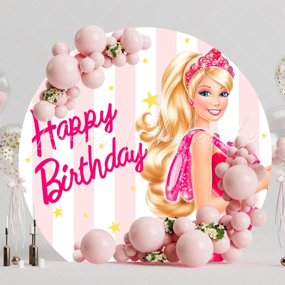 Pink White Stripe Barbie Stars Round Happy Birthday Backdrop