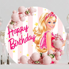 Pink White Stripe Barbie Stars Round Happy Birthday Backdrop