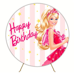 Pink White Stripe Barbie Stars Round Happy Birthday Backdrop