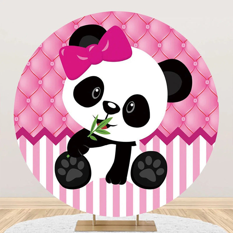 Lofaris Pink White Stripe Panda Round Baby Shower Backdrop