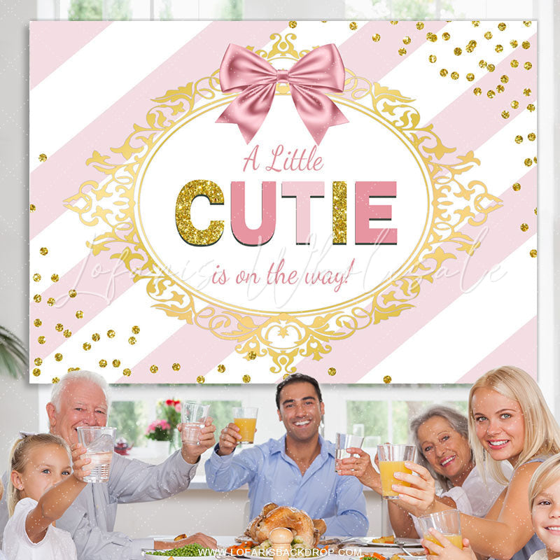 Lofaris Pink White Stripes Gold Glitter Cutie Baby Shower Backdrop