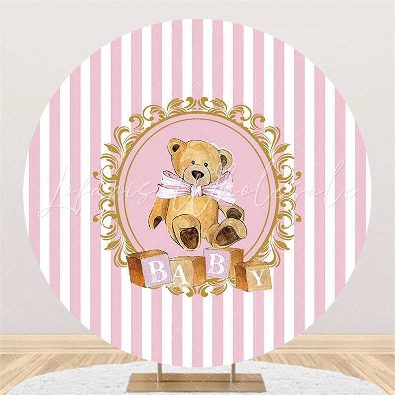 Lofaris Pink White Stripes Round Khaki Teddy Baby Shower Backdrop