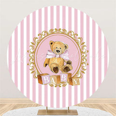 Lofaris Pink White Stripes Round Khaki Teddy Baby Shower Backdrop