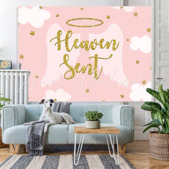 Lofaris Pink white wings gold stars baby shower Backdrop