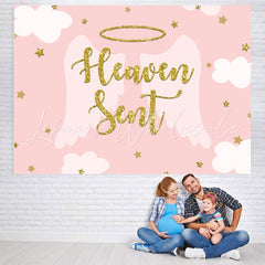 Lofaris Pink white wings gold stars baby shower Backdrop