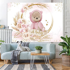 Lofaris Pink With Golden Bear Floral Cute Baby Shower Backdrop
