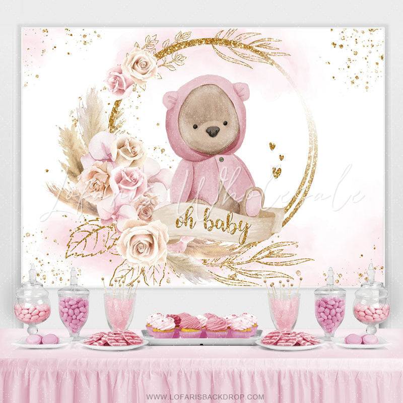 Lofaris Pink With Golden Bear Floral Cute Baby Shower Backdrop