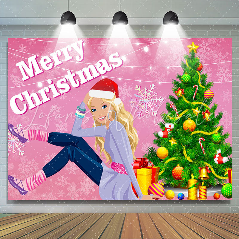 Lofaris Pink Woman Xmas Tree Snowflake Christmas Backdrop