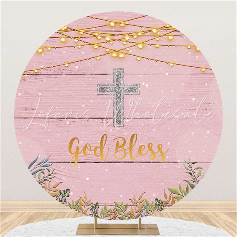 Lofaris Pink Wood Silver Glitter God Bless Baby Shower Backdrop